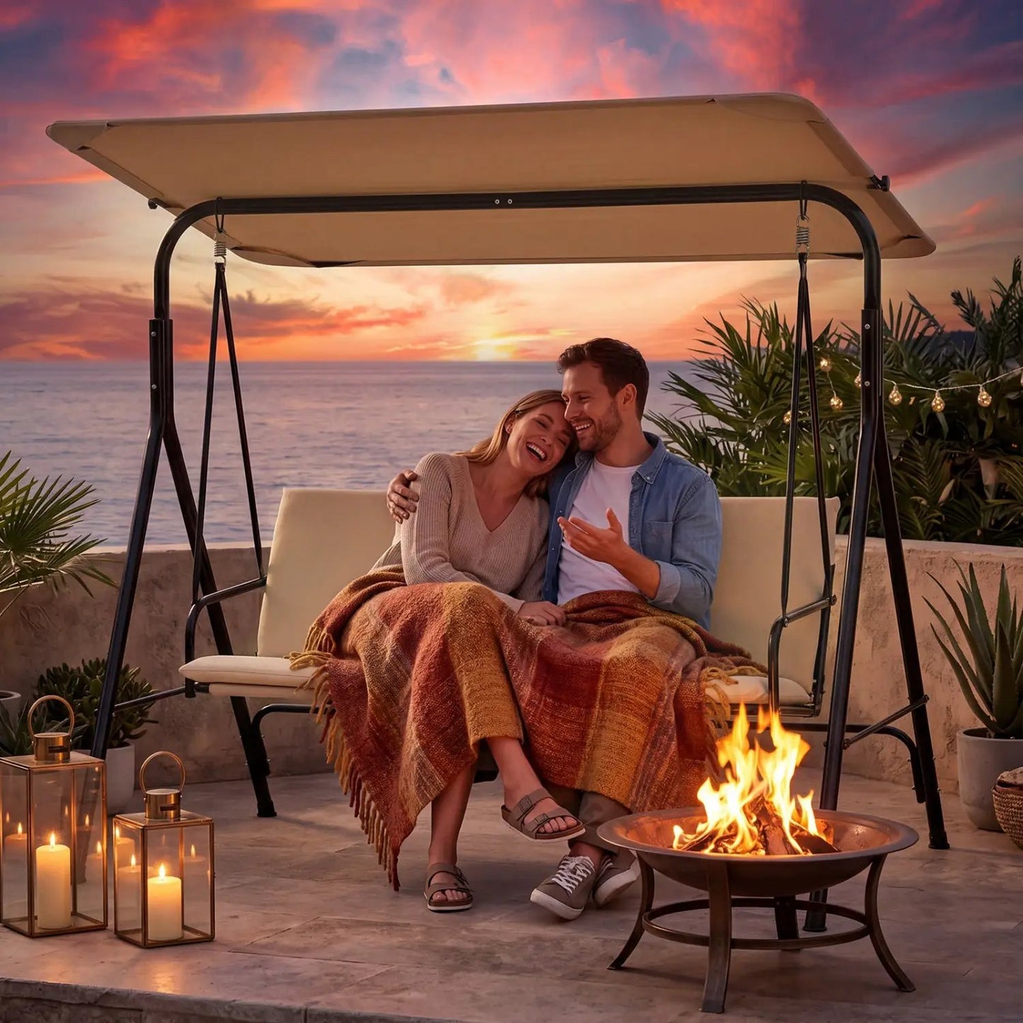 3-Seat Patio Swing Chair and Adjustable Canopy