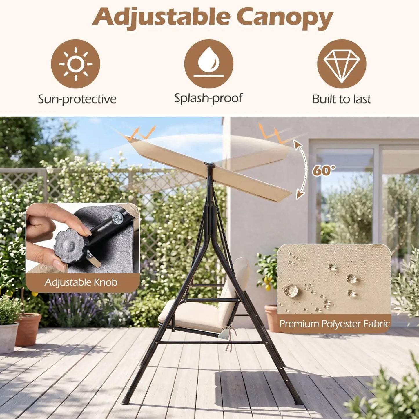 3-Seat Patio Swing Chair and Adjustable Canopy