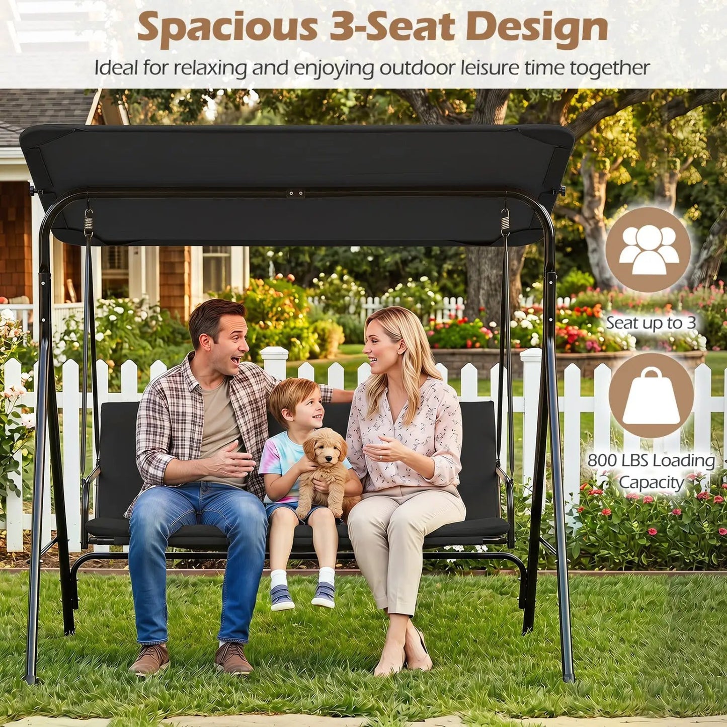 3-Seat Patio Swing Chair and Adjustable Canopy