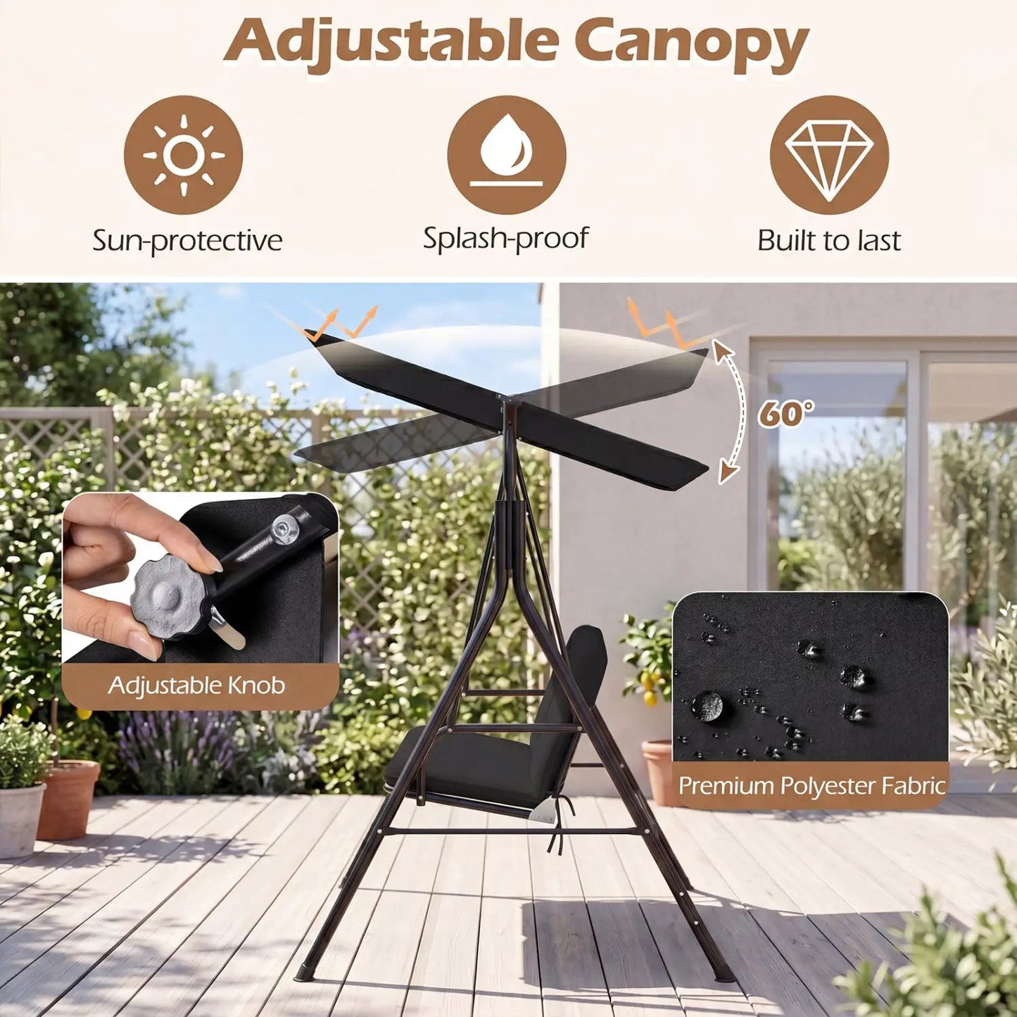 3-Seat Patio Swing Chair and Adjustable Canopy