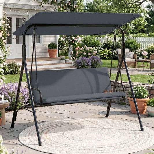 3-Seat Patio Swing Chair with Adjustable Canopy in gray by DirectDeals on a patio on Tampa Home & Garden Store