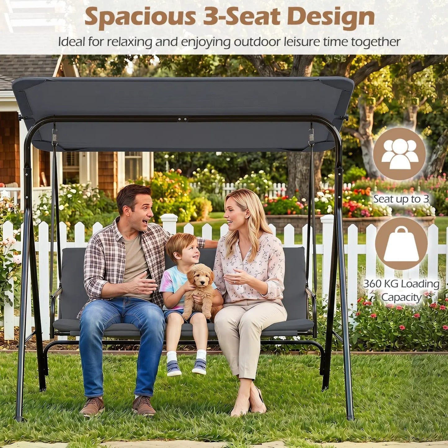 3-Seat Patio Swing Chair and Adjustable Canopy