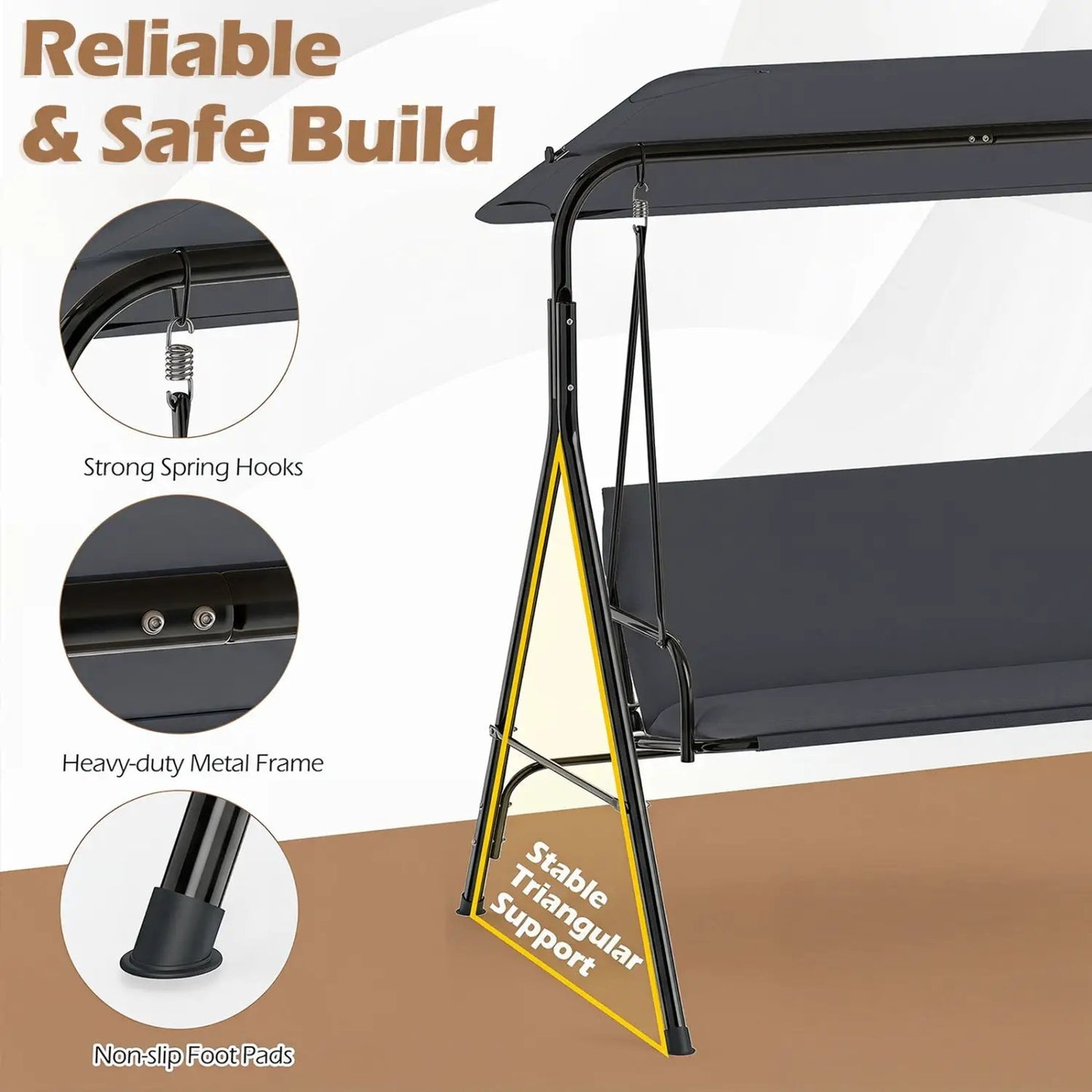 3-Seat Patio Swing Chair and Adjustable Canopy