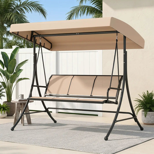 3-Seat Patio Swing Chair with Adjustable Canopy DirectDeals beige canopy tan cushions black frame on Tampa Home & Garden Store
