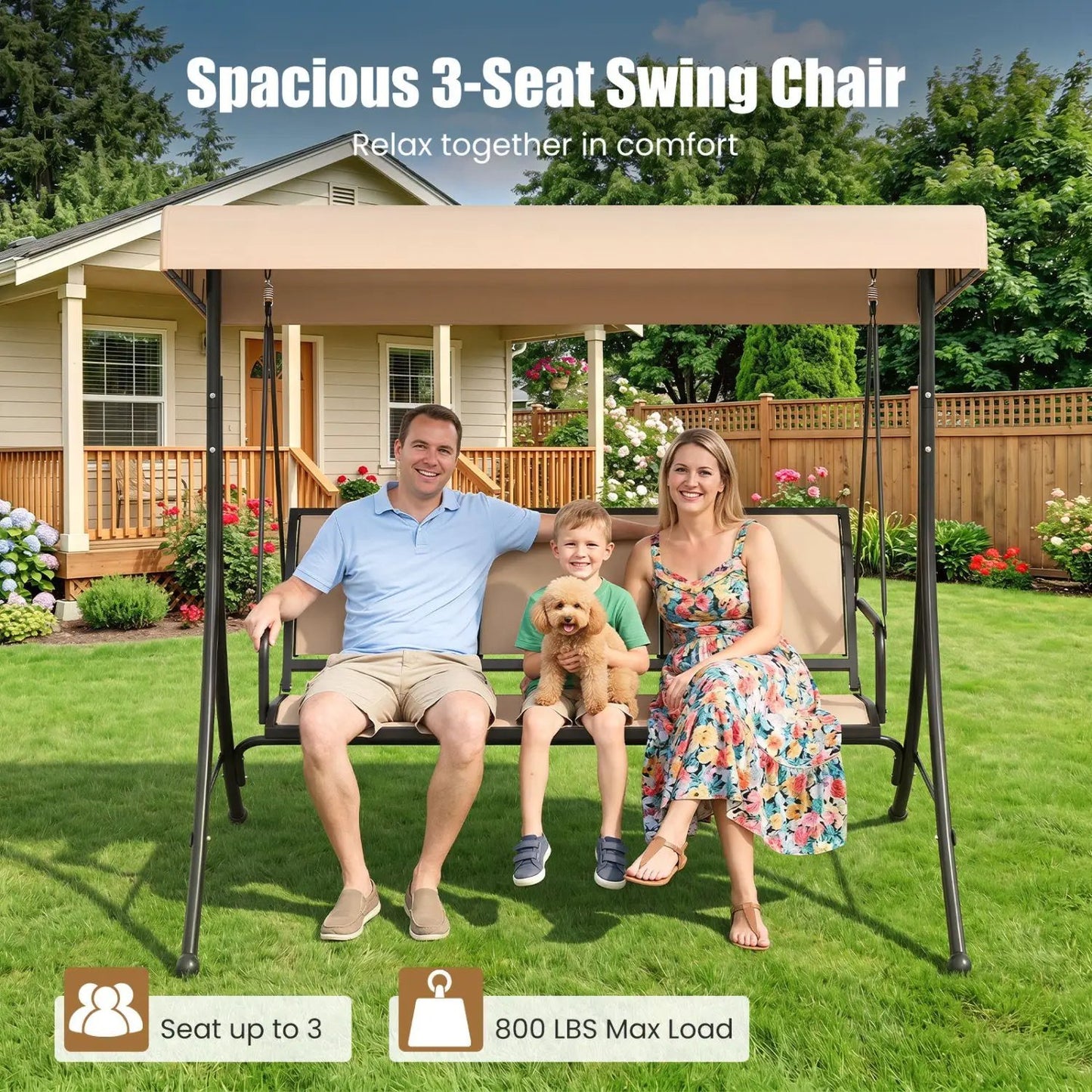 3 Seat Patio Swing Chair With Adjustable Canopy