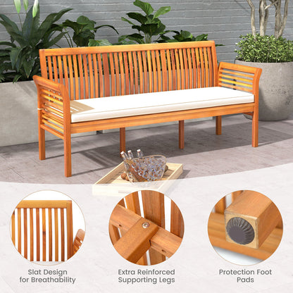 62.5 Inches Patio 3-Seat Wood Bench with Soft Seat Cushions-White