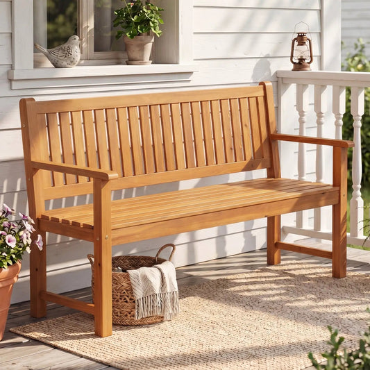 3-Seater wooden garden bench with backrest in natural finish by DirectDeals on a porch on Tampa Home & Garden Store