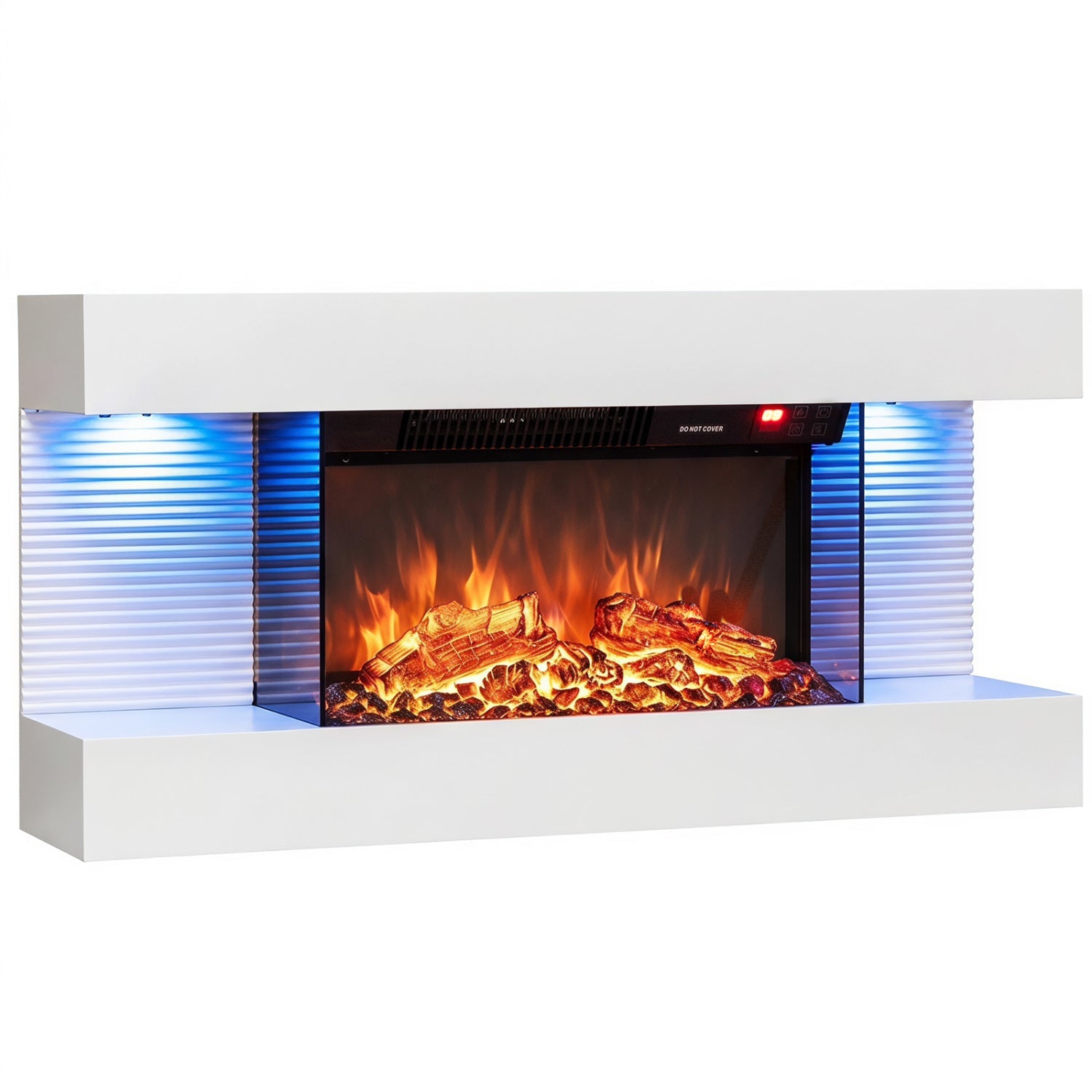 32-Inch wall mount electric fireplace with white floating mantel and blue LED side panels on Tampa Home & Garden Store