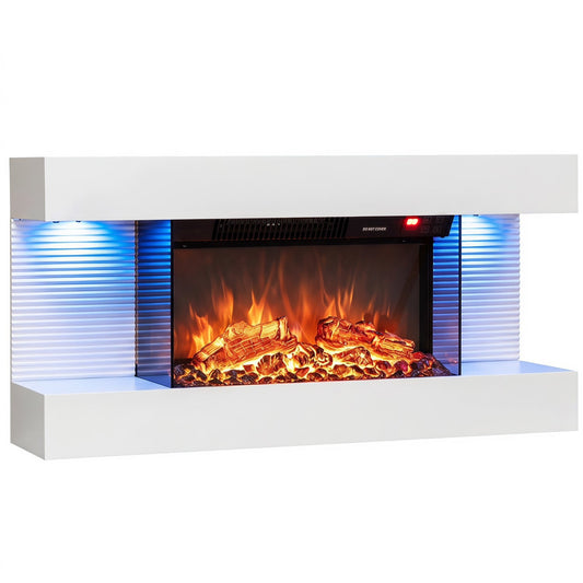 32-Inch wall mount electric fireplace with white floating mantel and blue LED side panels on Tampa Home & Garden Store