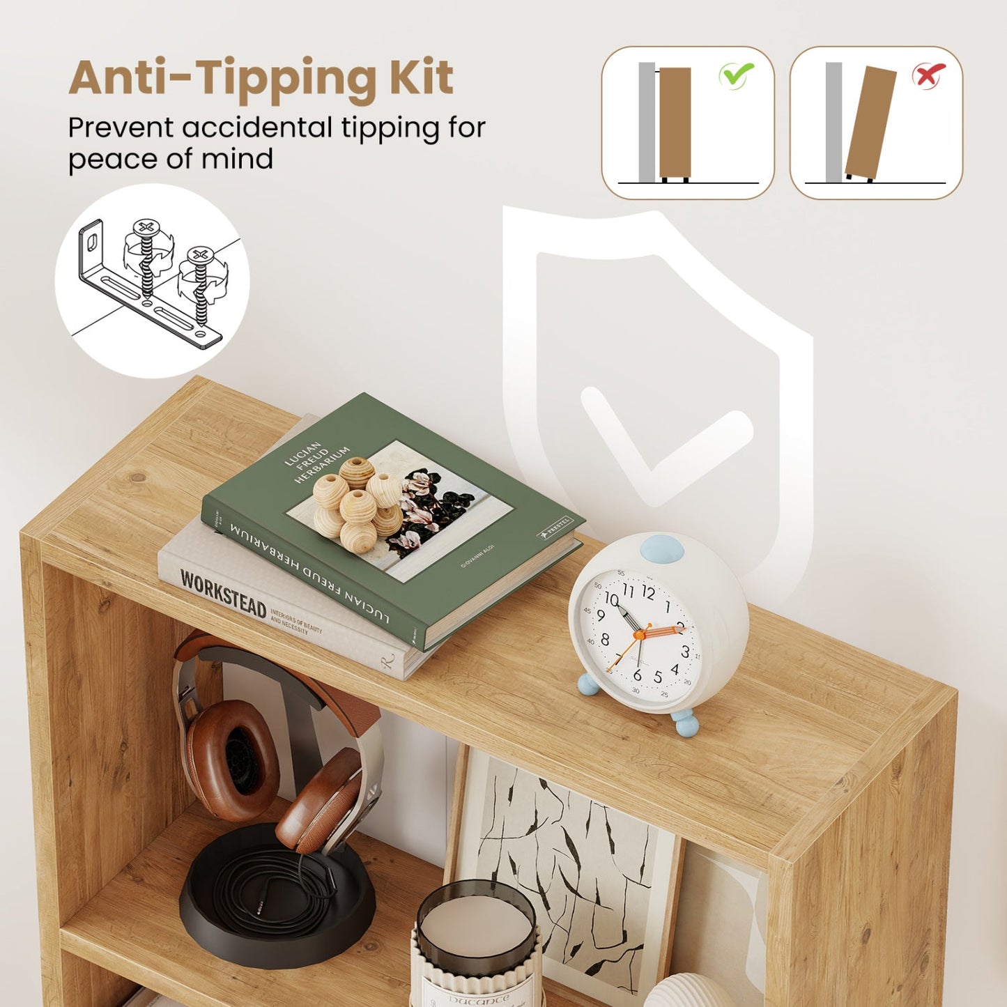 3-Tier Bookcase 42 inch Tall Book Shelf with Anti-Tipping Kit