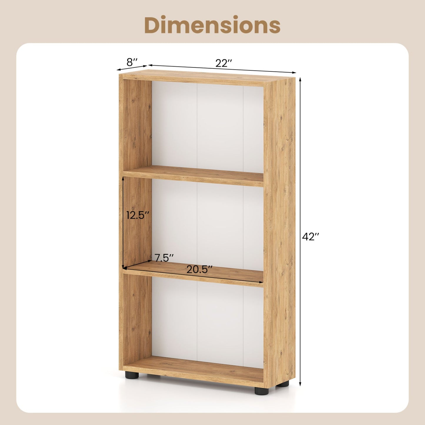 3-Tier Bookcase 42 inch Tall Book Shelf with Anti-Tipping Kit