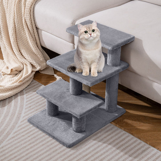 3-Tier Cat Stairs 19 Inch Plush Steps with Scratching Posts for High Bed Sofa-Gray - Tampa Home & Garden Store