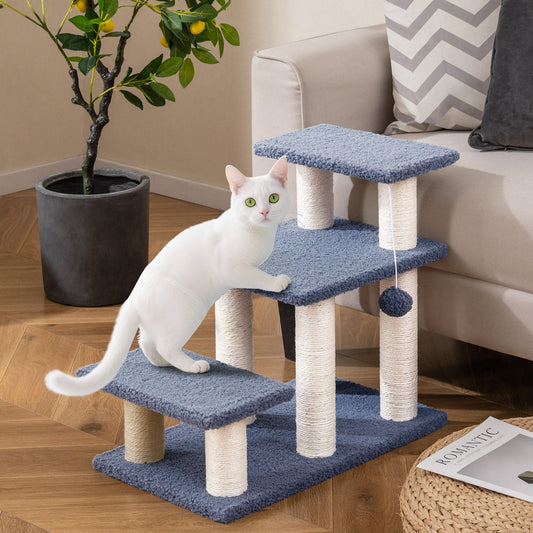 3-Tier Cat Stairs 20 Inch with Scratching Posts and Hanging Toy Ball-Gray - Tampa Home & Garden Store