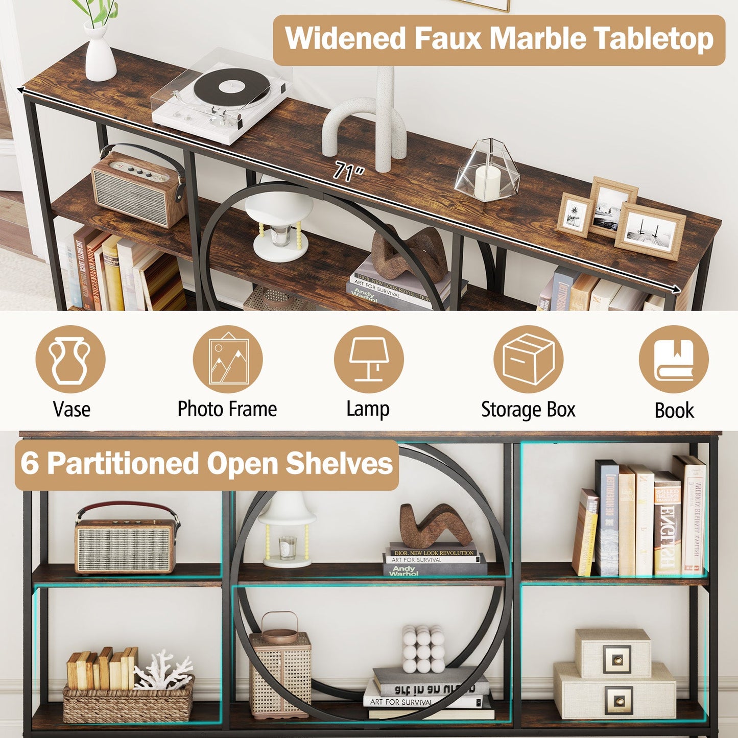 3-Tier Console Table with Faux Marble Top and Storage Shelves for Hallway Living Room