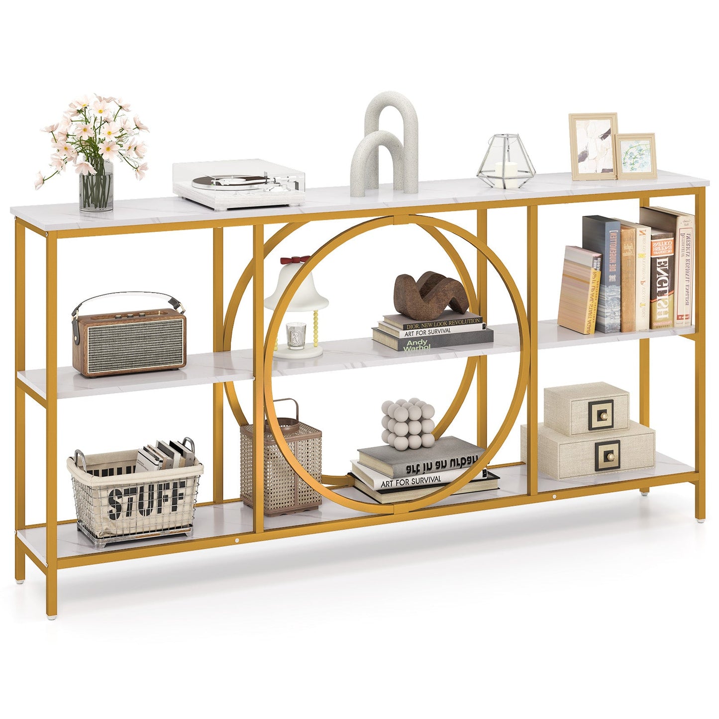 3-Tier Console Table with Faux Marble Top and Storage Shelves for Hallway Living Room