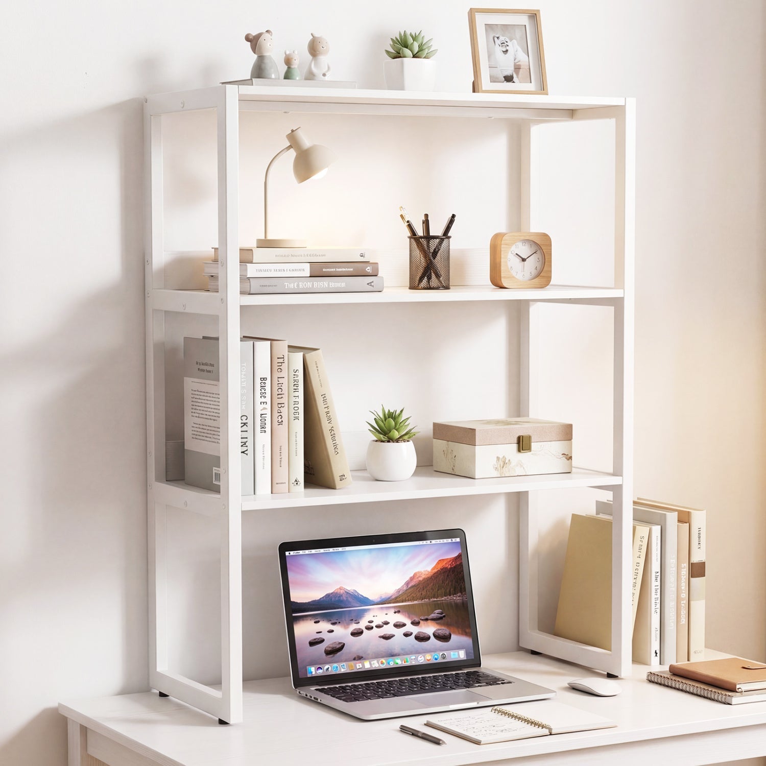 DirectDeals white 3-Tier Countertop Storage Hutch open-shelf bookcase with lamp, clock, books on Tampa Home & Garden Store