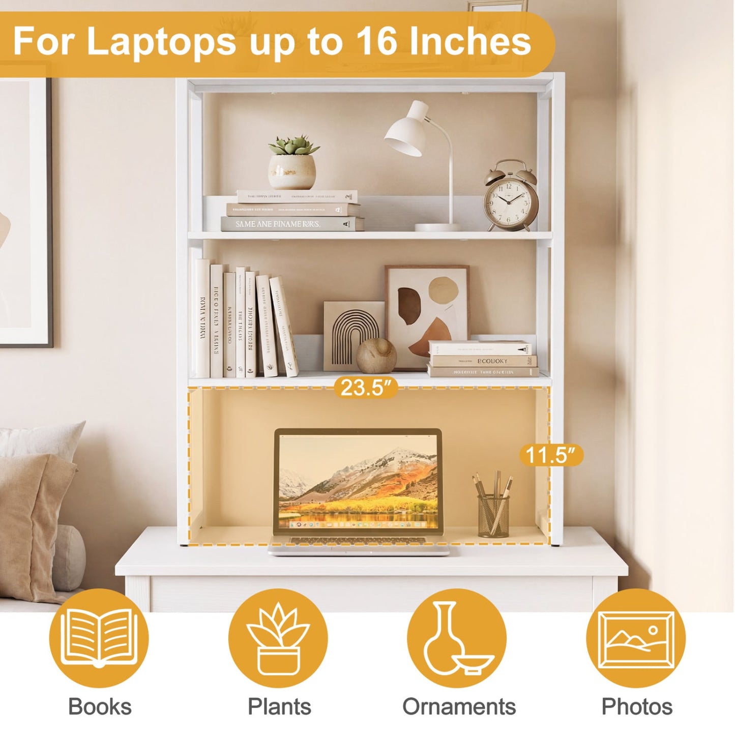 3-Tier Countertop Storage Hutch with Open Shelves white bookcase with laptop on bottom shelf on Tampa Home & Garden Store