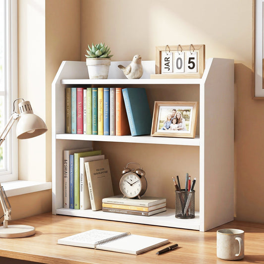 3-Tier Desktop Bookshelf Wooden Countertop Bookcase with Raised Top Guardrails-White - Tampa Home & Garden Store
