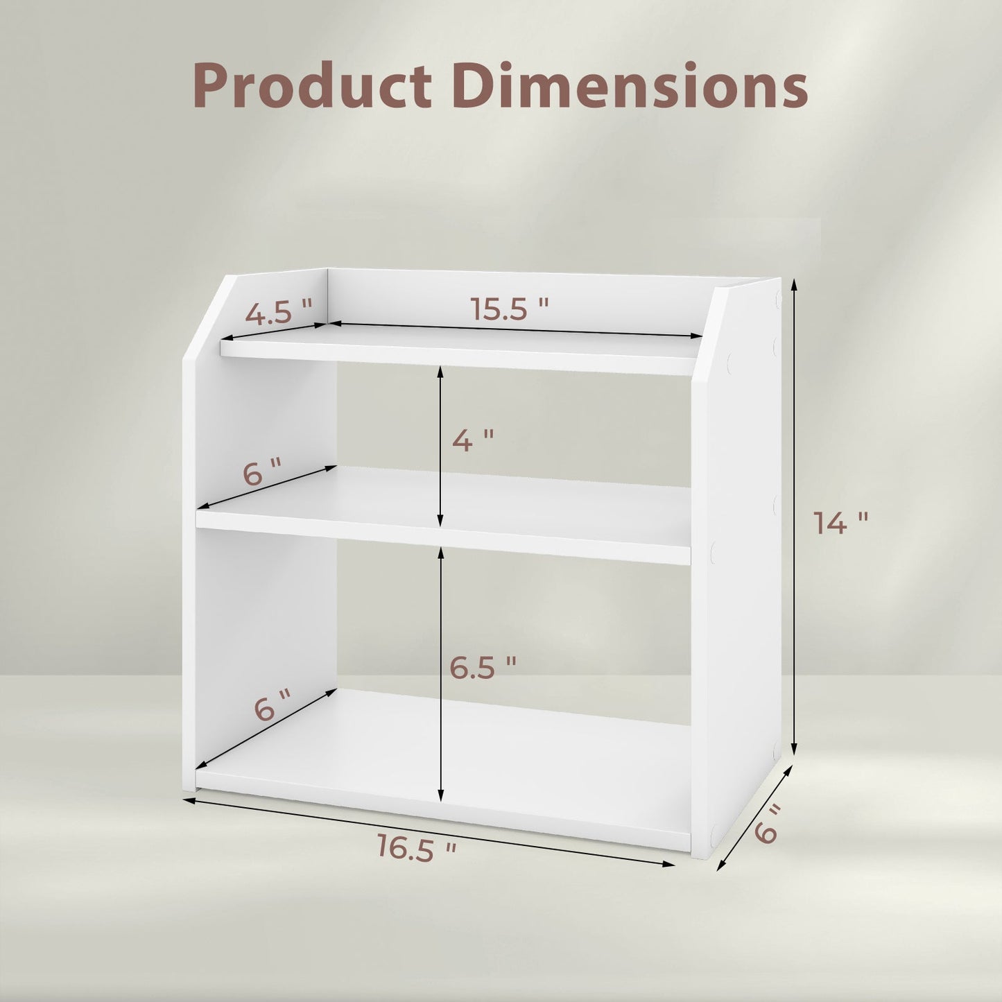 3-Tier Desktop Bookshelf Wooden Countertop Bookcase with Raised Top Guardrails-White