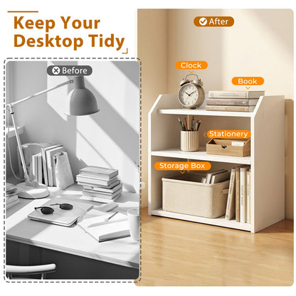 3-Tier Desktop Bookshelf Wooden Countertop Bookcase with Raised Top Guardrails-White