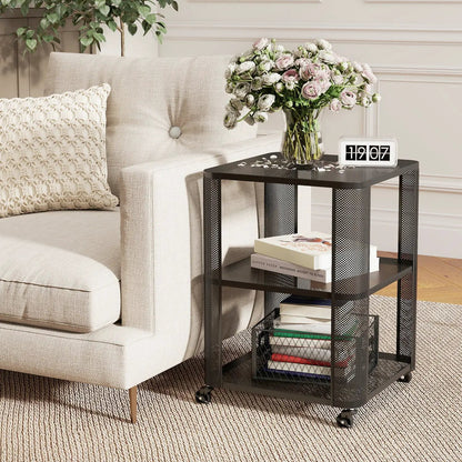 3 Tier End Table with Wheels and Open Storage