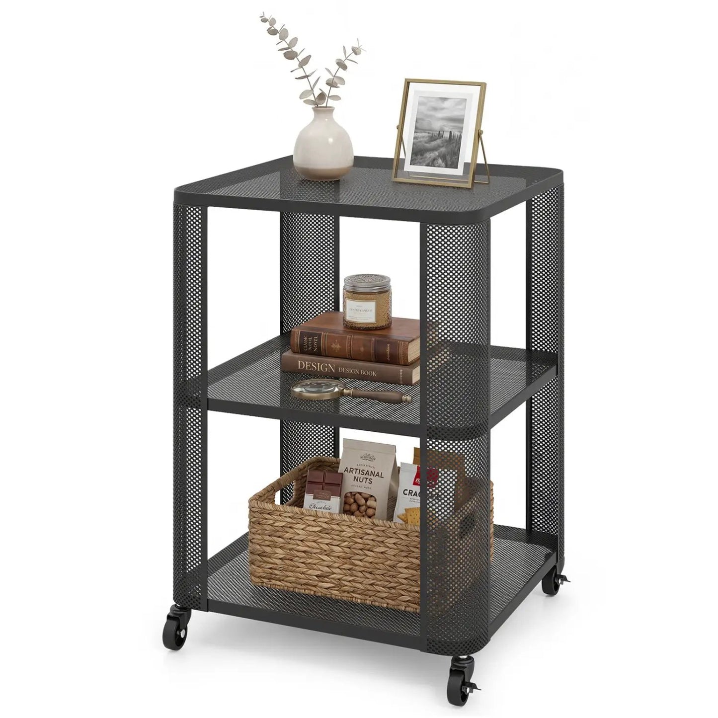 3 Tier End Table with Wheels and Open Storage