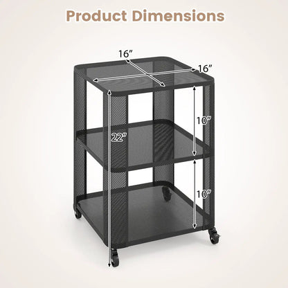 3 Tier End Table with Wheels and Open Storage