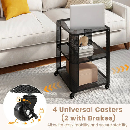 3 Tier End Table with Wheels and Open Storage