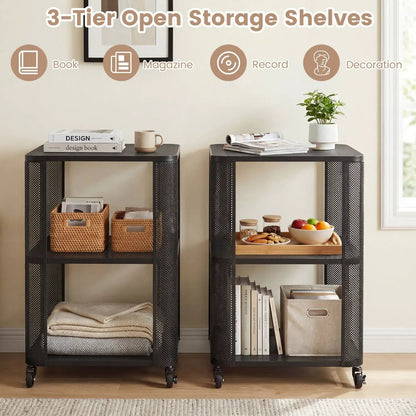 3 Tier End Table with Wheels and Open Storage