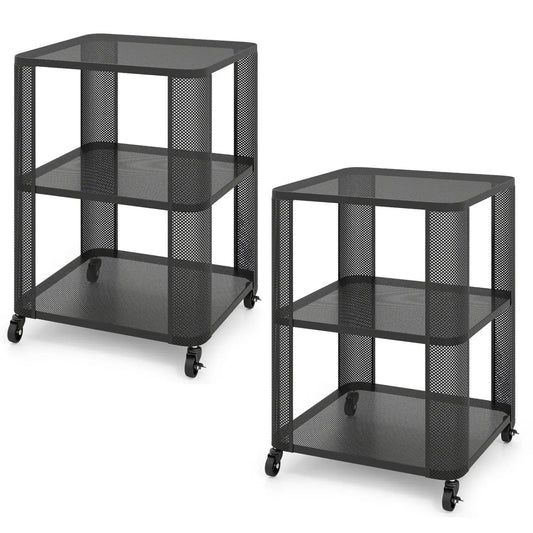 Black metal mesh rolling end tables, 3-tier tall and 2-tier short, open shelves DirectDeals on Tampa Home & Garden Store