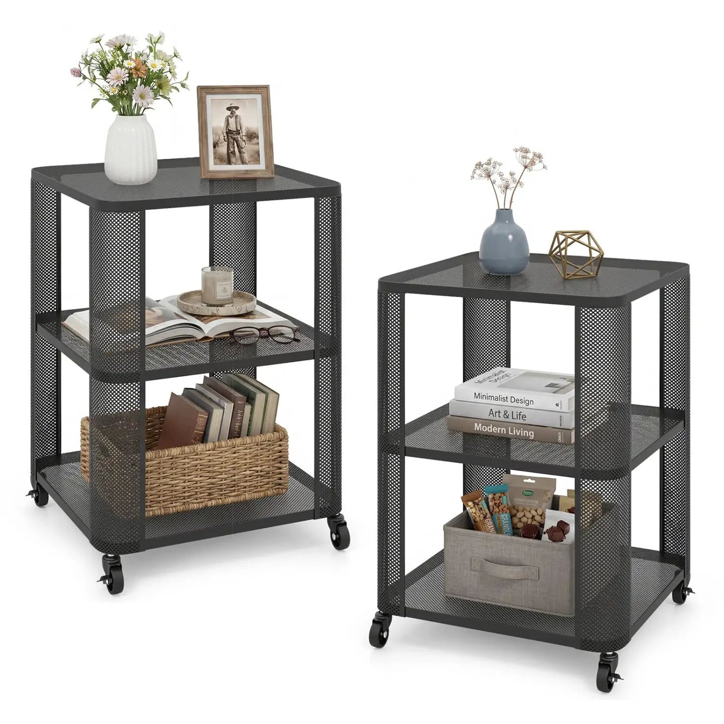 3 Tier End Table with Wheels and Open Storage