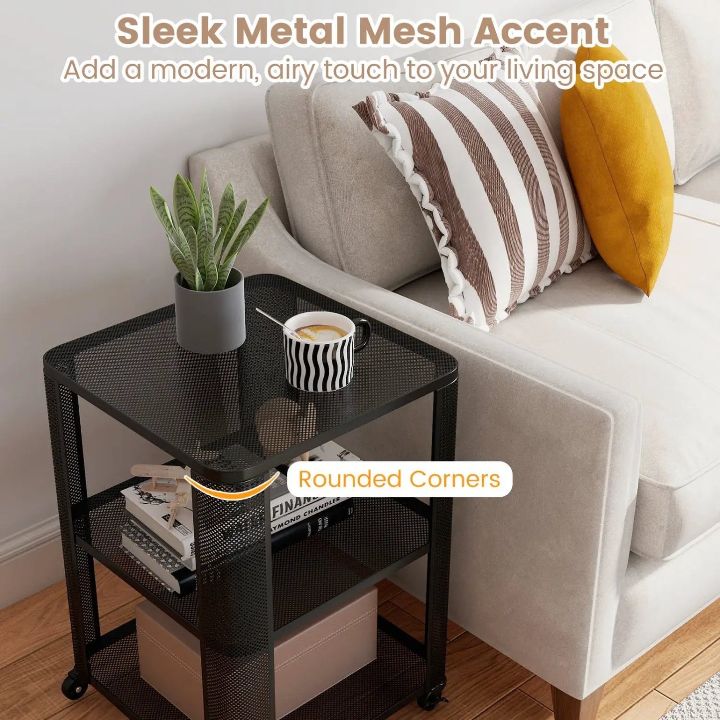 3 Tier End Table with Wheels and Open Storage