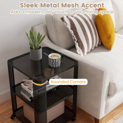 3 Tier End Table with Wheels and Open Storage