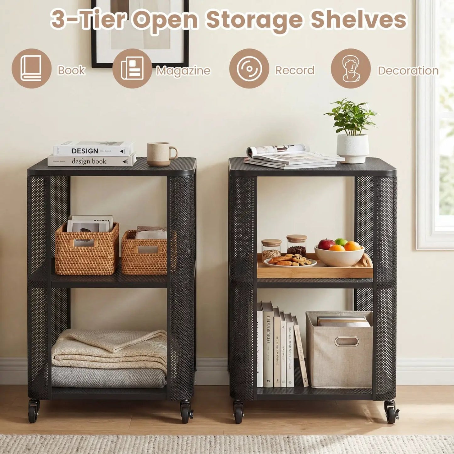 3 Tier End Table with Wheels and Open Storage