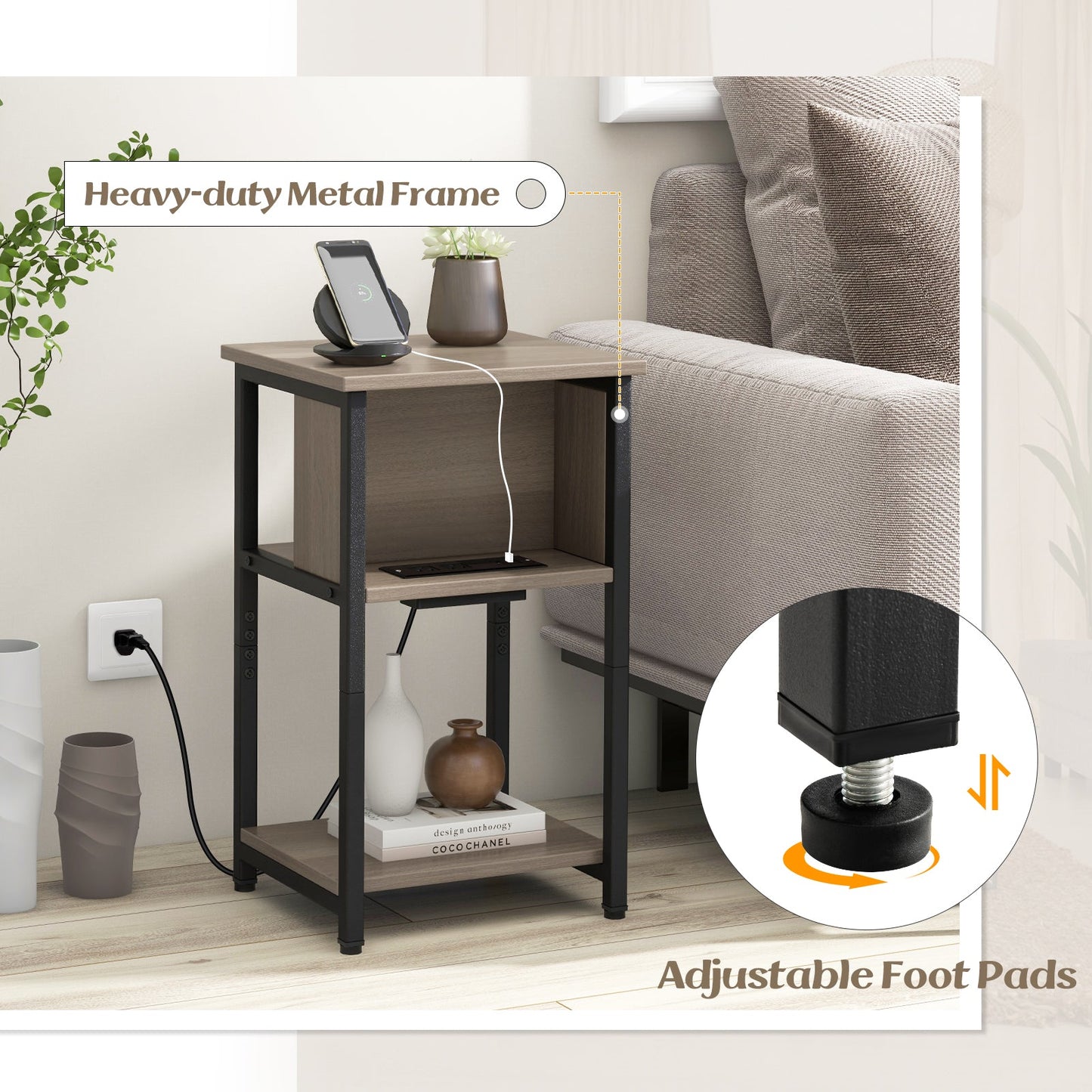 Mesa auxiliar de 3 niveles con puertos USB y tomas de corriente - 1 pieza