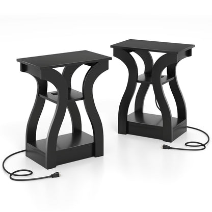 3-Tier End Tables with Charging Station Set of 2 with Open Storage Shelves