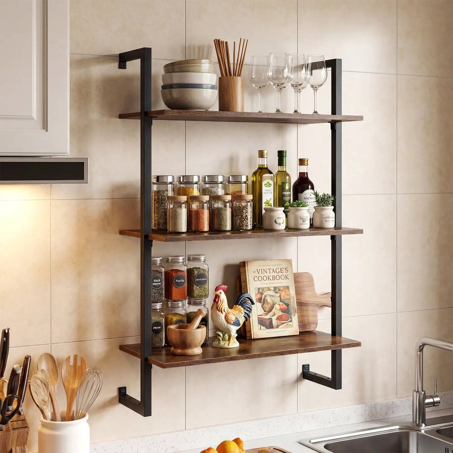 Three Tier Floating Wall Shelf in Rustic Brown