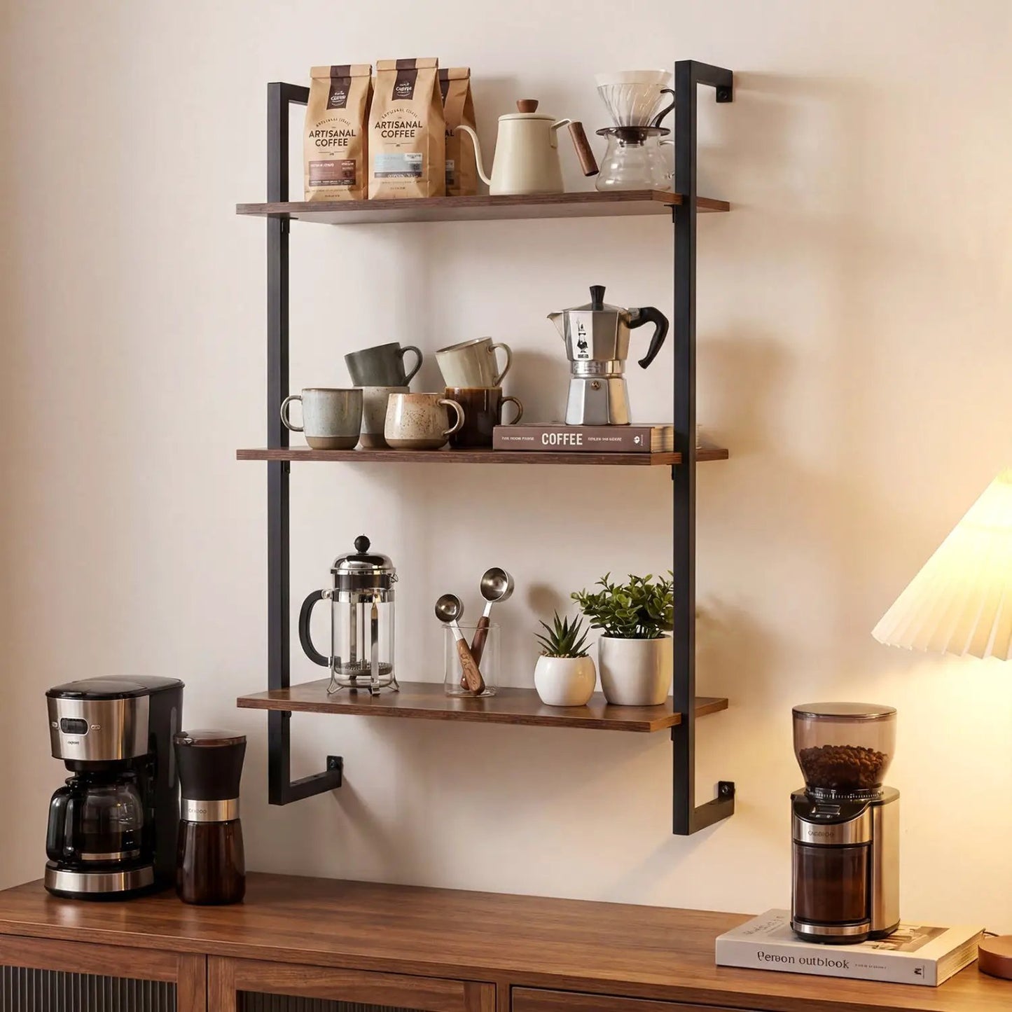Three Tier Floating Wall Shelf in Rustic Brown