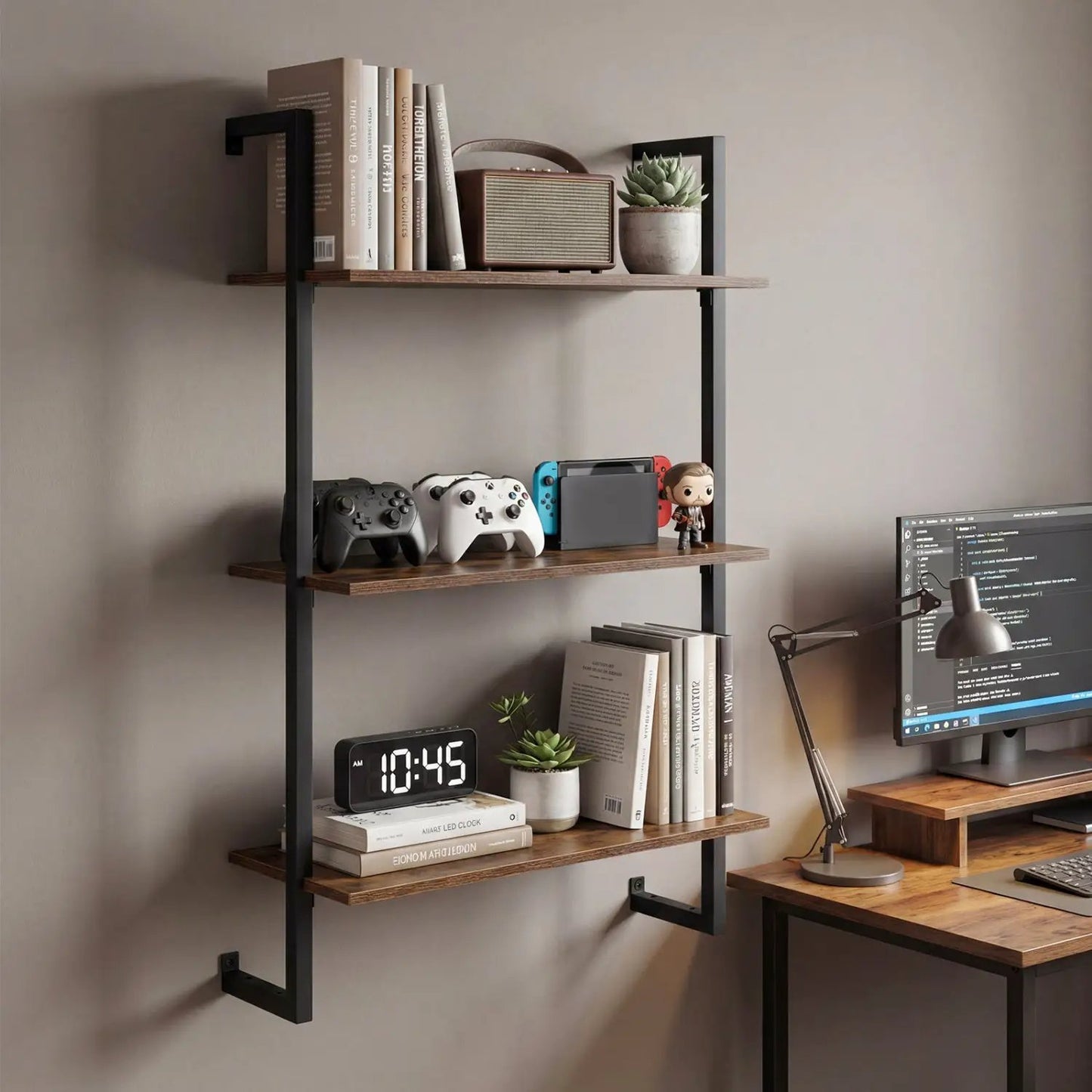 Three Tier Floating Wall Shelf in Rustic Brown