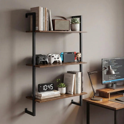 Three Tier Floating Wall Shelf in Rustic Brown