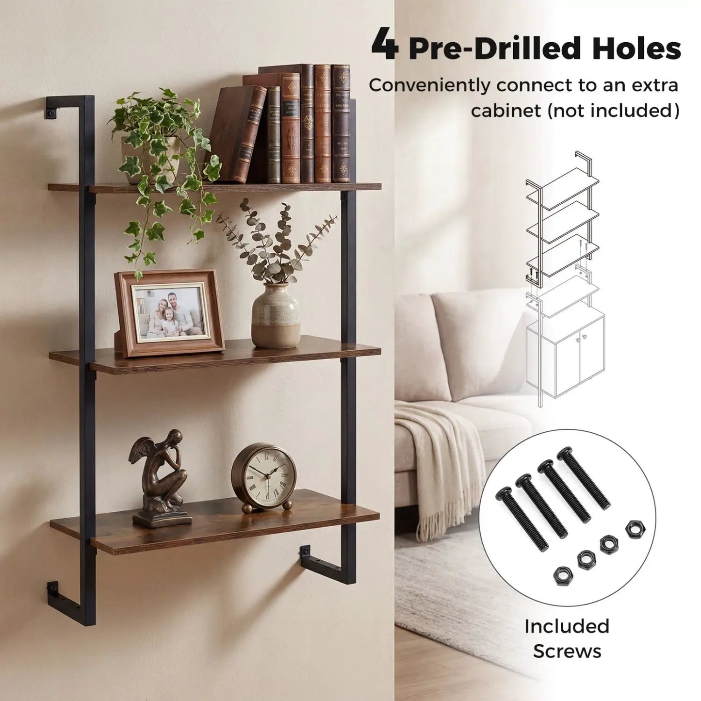 Three Tier Floating Wall Shelf in Rustic Brown