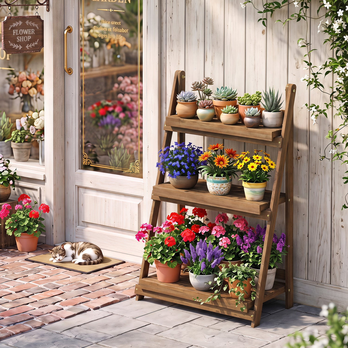 3-Tier Foldable Plant Stand with Slatted Shelves in natural wood with succulents and flowers on Tampa Home & Garden Store