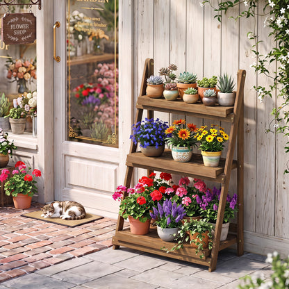 3-Tier Foldable Plant Stand with Slatted Shelves in natural wood with succulents and flowers on Tampa Home & Garden Store