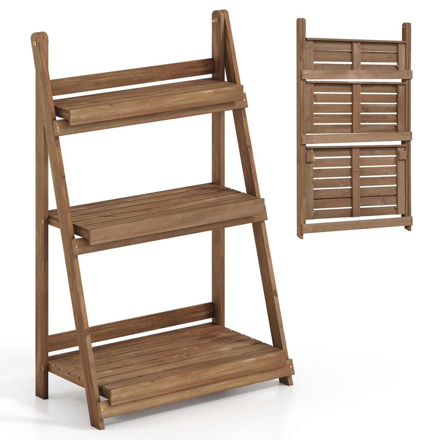 3-Tier Foldable Plant Stand with Slatted Shelves in brown wood, shown assembled and folded on Tampa Home & Garden Store