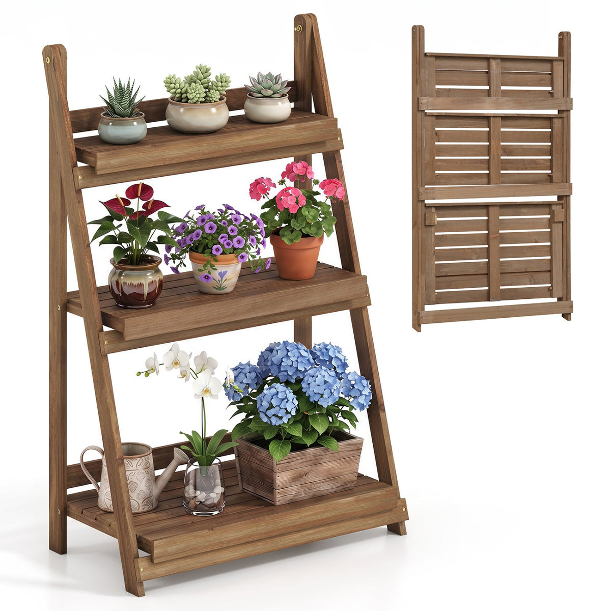 3-Tier Foldable Plant Stand with Slatted Shelves, wooden brown, DirectDeals plant stand on Tampa Home & Garden Store