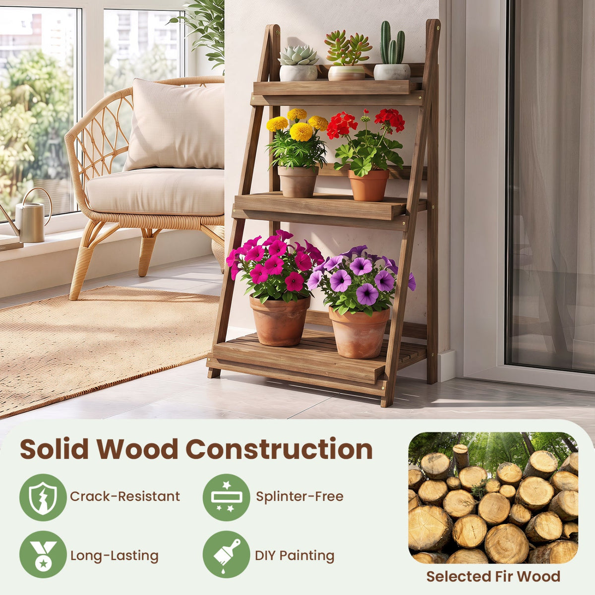 3-Tier Foldable Plant Stand with Slatted Shelves natural wood finish holds potted flowers and succulents DirectDeals on Tampa Home & Garden Store