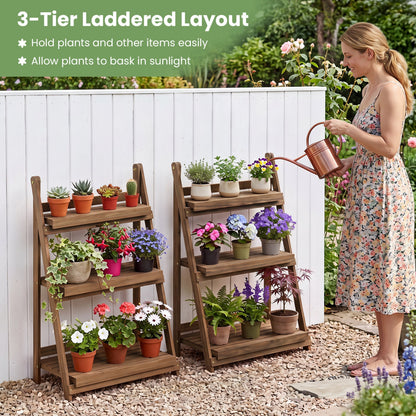 3-Tier Foldable Plant Stand with Slatted Shelves two brown wooden stands with pots DirectDeals on Tampa Home & Garden Store
