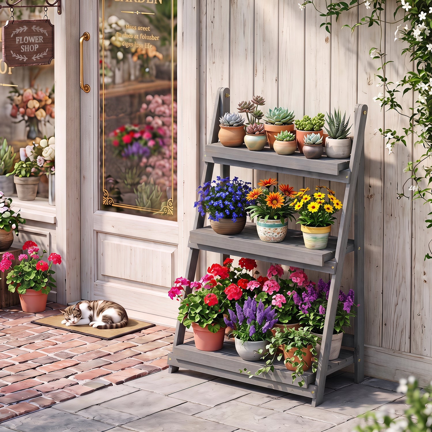 3-Tier foldable plant stand with slatted gray shelves holding assorted potted succulents on Tampa Home & Garden Store