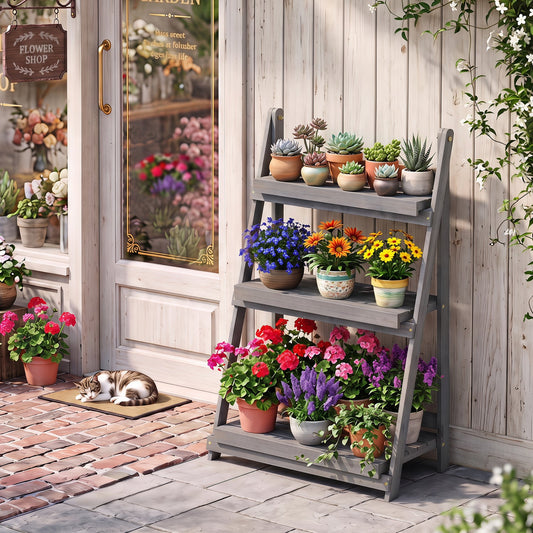 3-Tier foldable plant stand with slatted gray shelves holding assorted potted succulents on Tampa Home & Garden Store