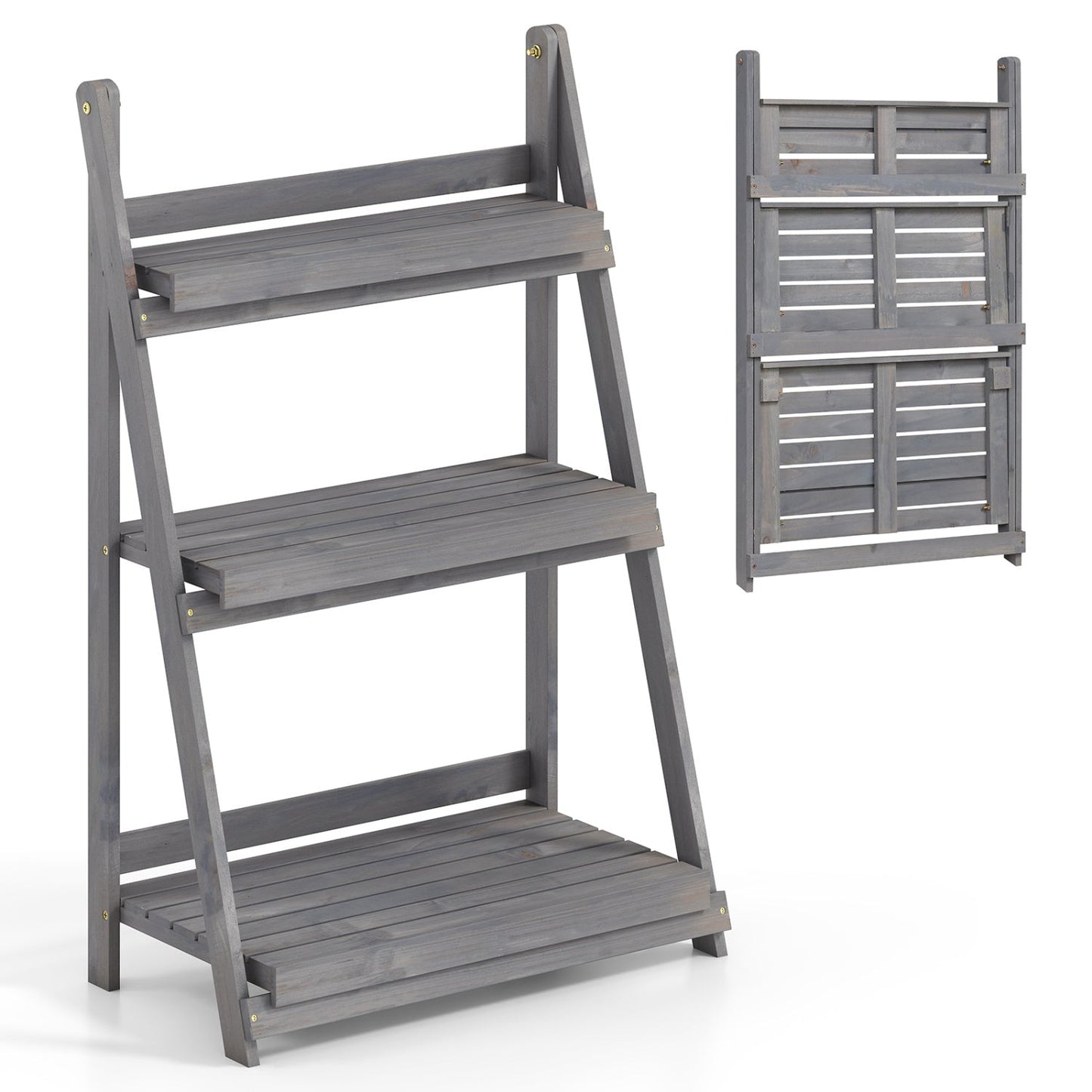 3-Tier Foldable Plant Stand with Slatted Shelves DirectDeals gray wood; foldable, two views on Tampa Home & Garden Store